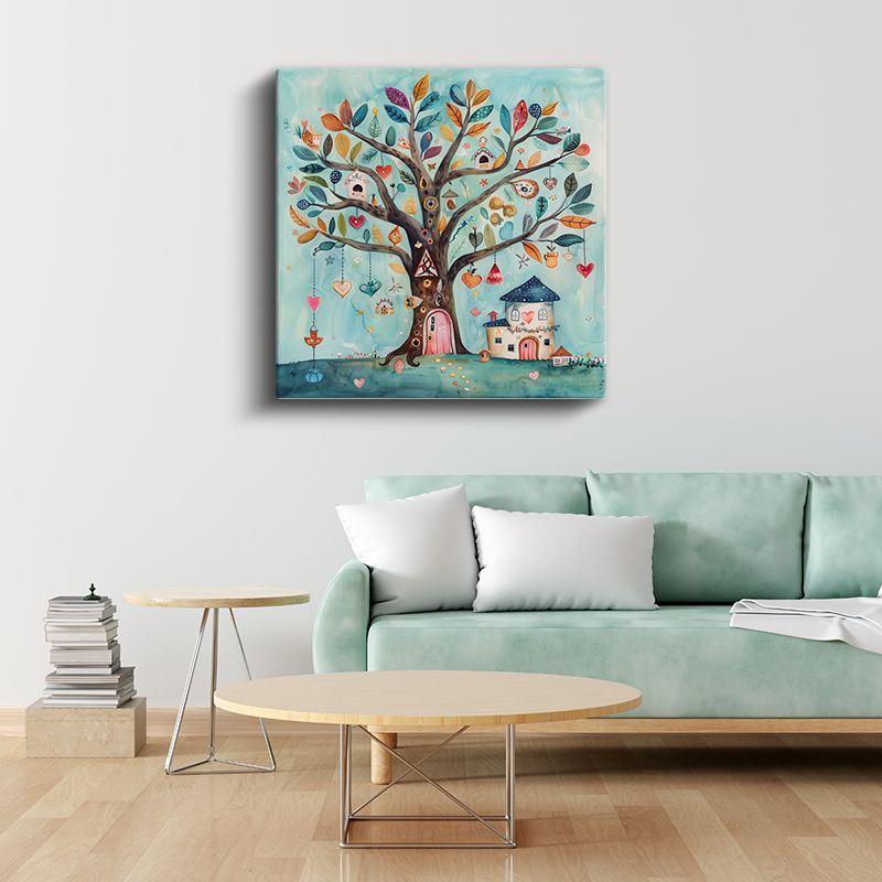 Masal Ağacı - Renkli Yapraklar ve Küçük Ev Kanvas Tablo