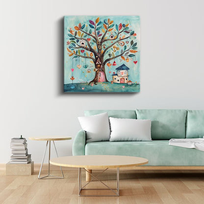 Masal Ağacı - Renkli Yapraklar ve Küçük Ev Kanvas Tablo