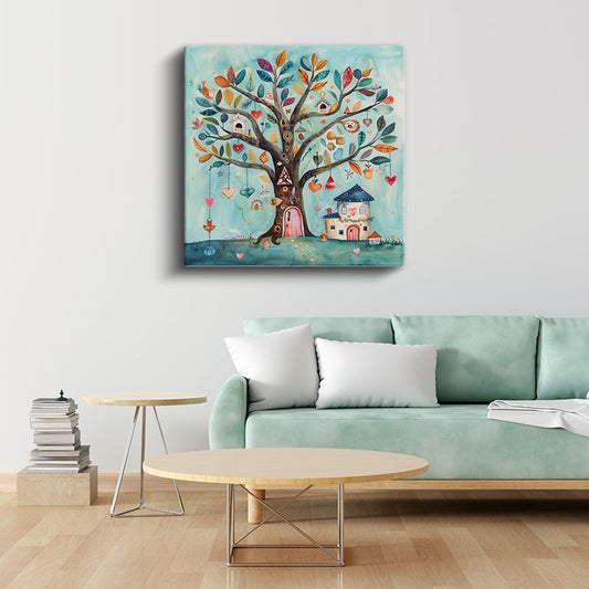Masal Ağacı - Renkli Yapraklar ve Küçük Ev Kanvas Tablo