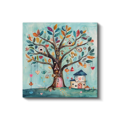 Masal Ağacı - Renkli Yapraklar ve Küçük Ev Kanvas Tablo