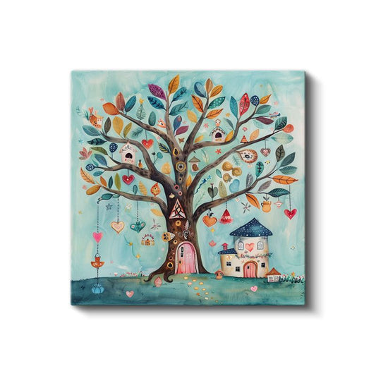 Masal Ağacı - Renkli Yapraklar ve Küçük Ev Kanvas Tablo