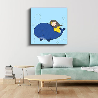 Mavi Balina - Sarı Elbiseli Küçük Kız Dostluğu Kanvas Tablo