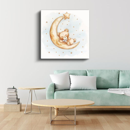 Ay Üzerinde Ayıcık - Yıldızlı Gece Uykusu Kanvas Tablo