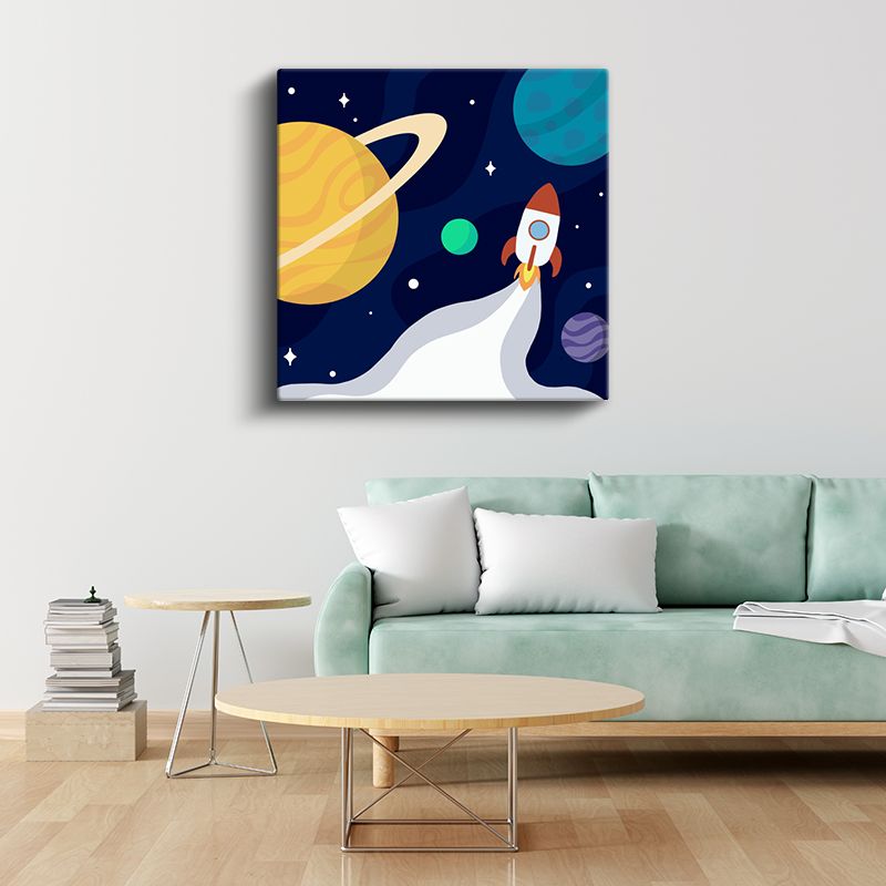 Uzay Macerası - Renkli Gezegenler ve Roket Kanvas Tablo