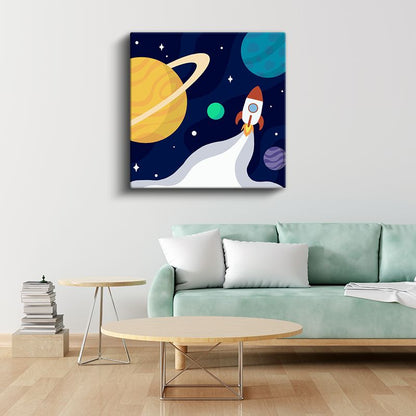 Uzay Macerası - Renkli Gezegenler ve Roket Kanvas Tablo