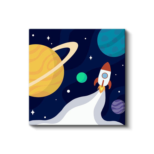 Uzay Macerası - Renkli Gezegenler ve Roket Kanvas Tablo