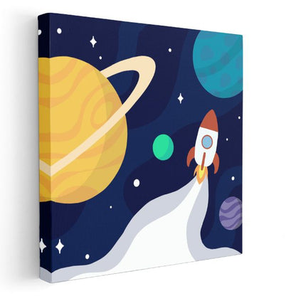 Uzay Macerası - Renkli Gezegenler ve Roket Kanvas Tablo
