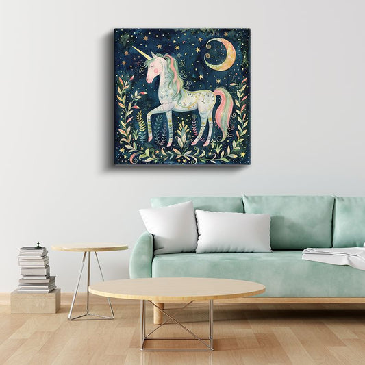 Gece Unicorn - Yıldızlı Gökyüzünde Sihirli Dostumuz Kanvas Tablo