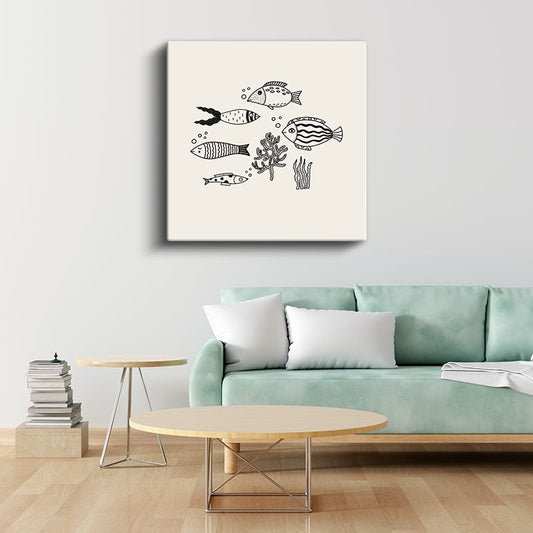 Minimalist Balıklar - Siyah Beyaz Deniz Dostları Kanvas Tablo