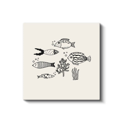 Minimalist Balıklar - Siyah Beyaz Deniz Dostları Kanvas Tablo