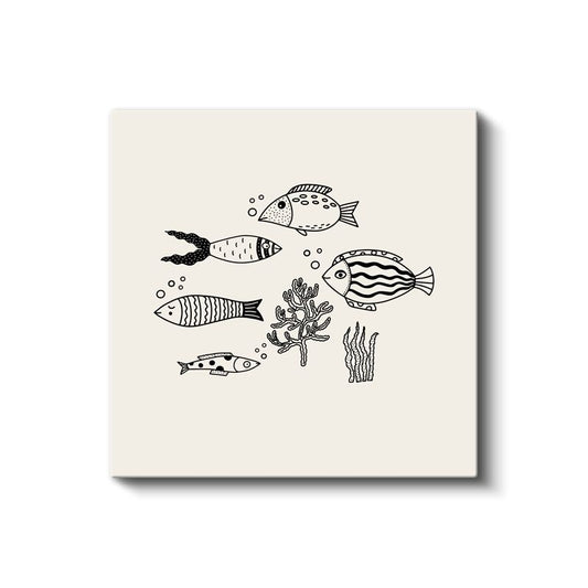 Minimalist Balıklar - Siyah Beyaz Deniz Dostları Kanvas Tablo