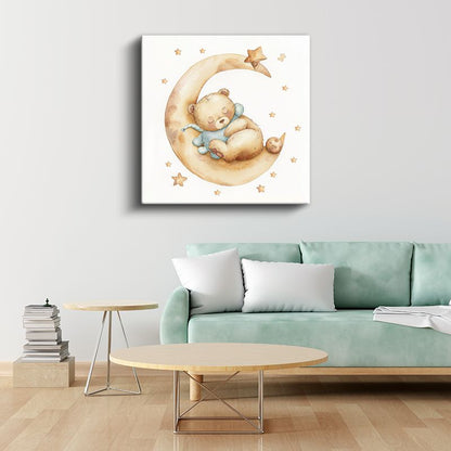 Mavi Pijama Ayıcık - Ay Üzerinde Tatlı Rüyalar Kanvas Tablo