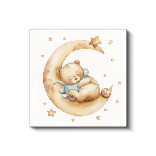 Mavi Pijama Ayıcık - Ay Üzerinde Tatlı Rüyalar Kanvas Tablo