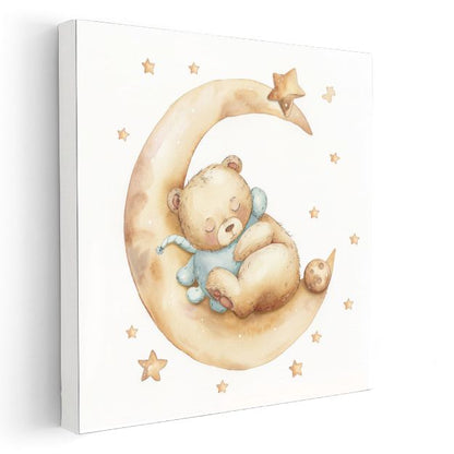 Mavi Pijama Ayıcık - Ay Üzerinde Tatlı Rüyalar Kanvas Tablo