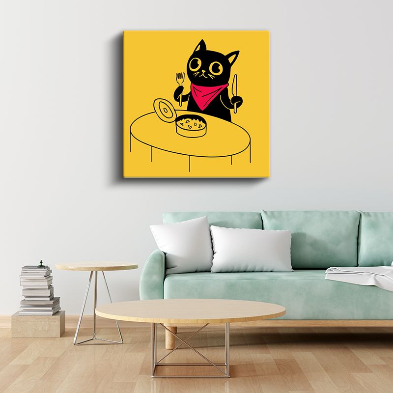 Yemek Vakti - Kırmızı Bandanalı Kedi Kanvas Tablo