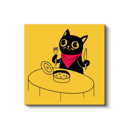 Yemek Vakti - Kırmızı Bandanalı Kedi Kanvas Tablo