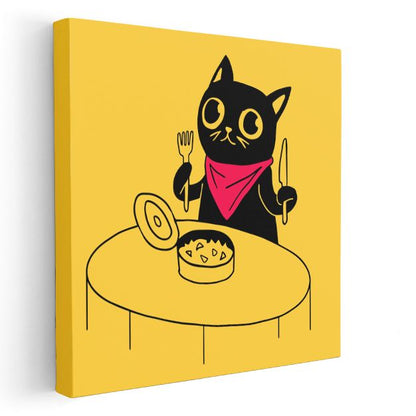 Yemek Vakti - Kırmızı Bandanalı Kedi Kanvas Tablo