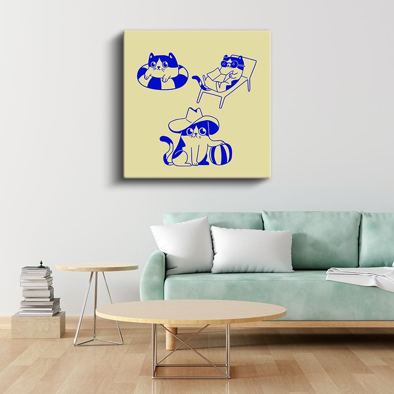 Tatil Kedileri - Mavi Çizgili Sevimli Dostlar Kanvas Tablo