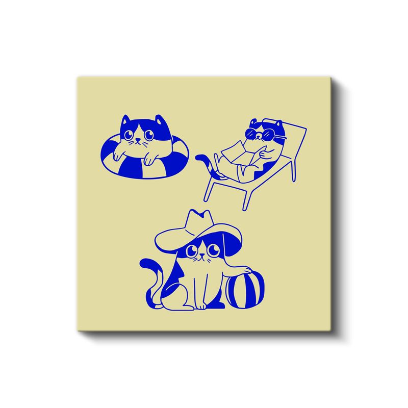 Tatil Kedileri - Mavi Çizgili Sevimli Dostlar Kanvas Tablo