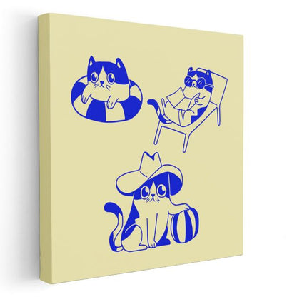 Tatil Kedileri - Mavi Çizgili Sevimli Dostlar Kanvas Tablo