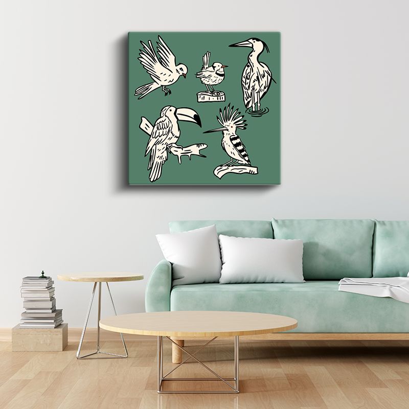 Yeşil Kuşlar - Siyah Beyaz Kanat Dostları Kanvas Tablo