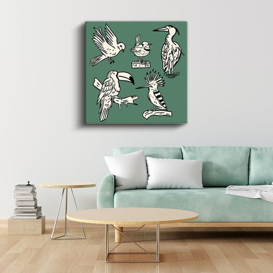 Yeşil Kuşlar - Siyah Beyaz Kanat Dostları Kanvas Tablo
