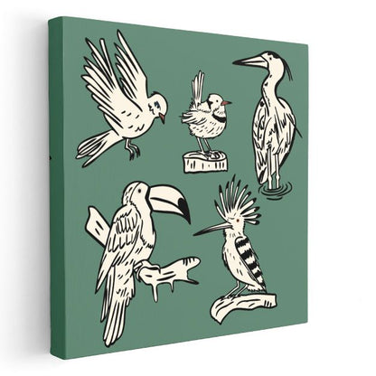 Yeşil Kuşlar - Siyah Beyaz Kanat Dostları Kanvas Tablo
