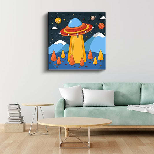 UFO Macerası - Renkli Uzay Gemisi Kanvas Tablo