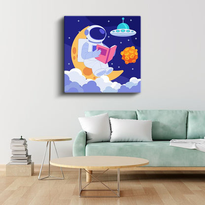 Ay Kütüphanesi - Kitap Okuyan Astronot Kanvas Tablo
