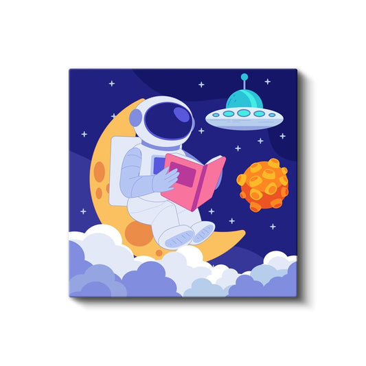 Ay Kütüphanesi - Kitap Okuyan Astronot Kanvas Tablo