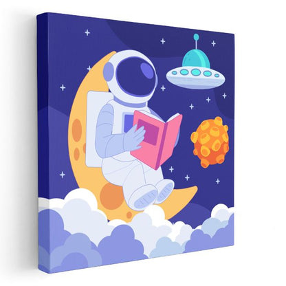 Ay Kütüphanesi - Kitap Okuyan Astronot Kanvas Tablo