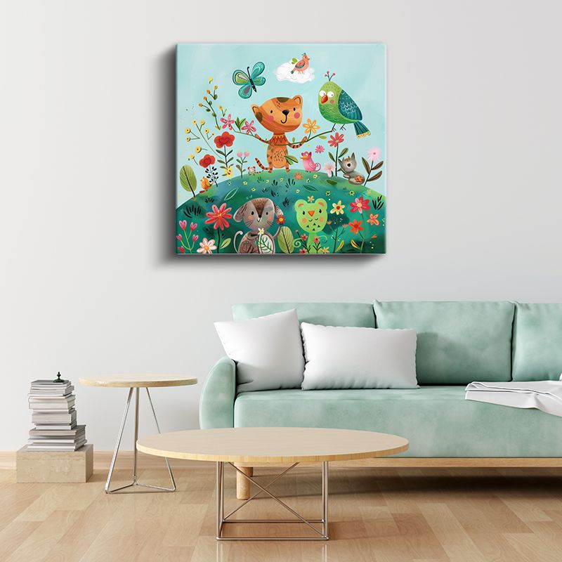 Çiçek Bahçesi - Sevimli Hayvan Dostları Kanvas Tablo