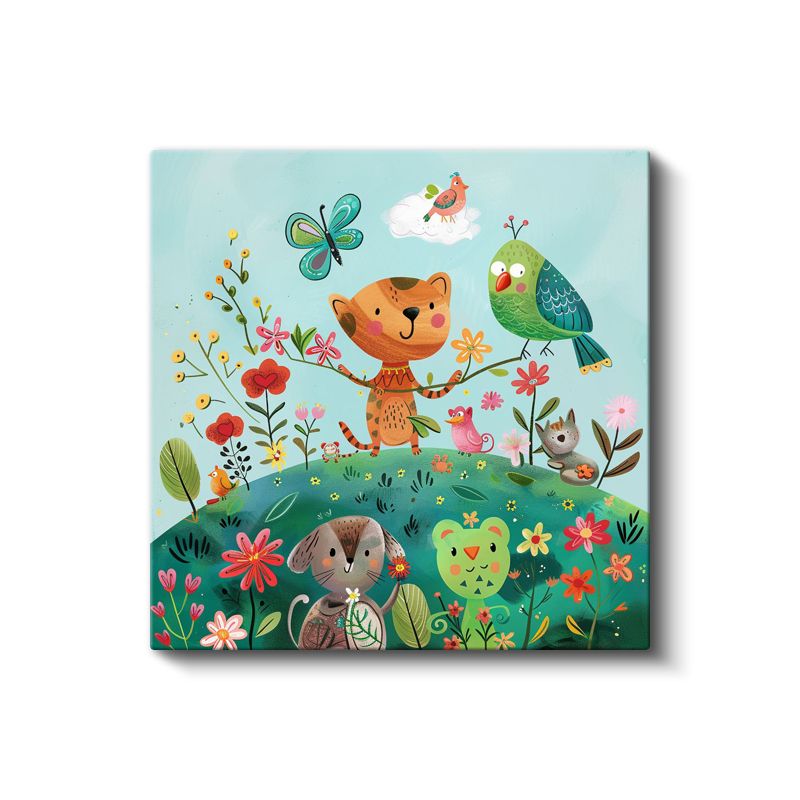 Çiçek Bahçesi - Sevimli Hayvan Dostları Kanvas Tablo
