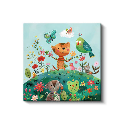 Çiçek Bahçesi - Sevimli Hayvan Dostları Kanvas Tablo