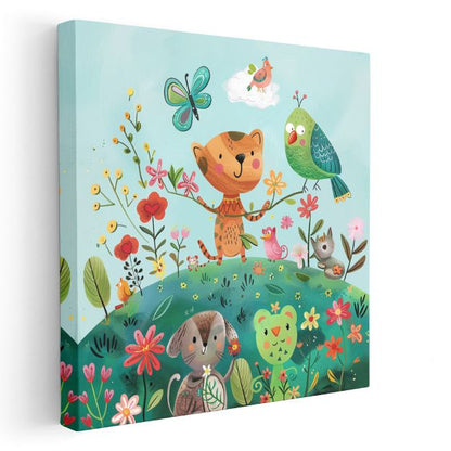 Çiçek Bahçesi - Sevimli Hayvan Dostları Kanvas Tablo