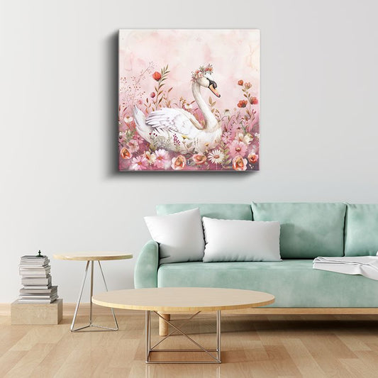 Çiçekli Kuğu - Pembe Bahçenin Zarif Misafiri Kanvas Tablo
