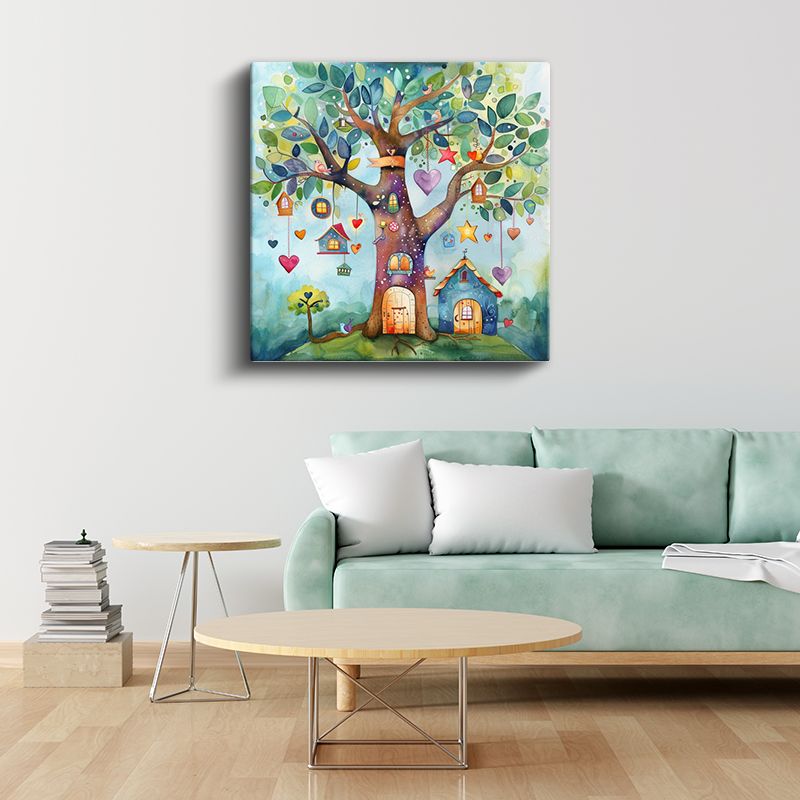 Sihirli Ağaç - Renkli Yapraklar ve Küçük Evler Kanvas Tablo