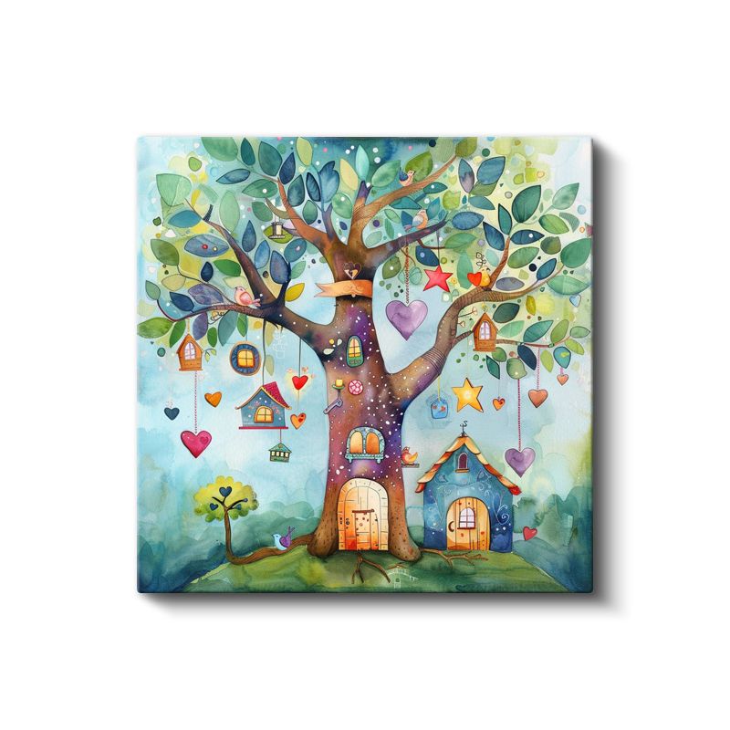Sihirli Ağaç - Renkli Yapraklar ve Küçük Evler Kanvas Tablo