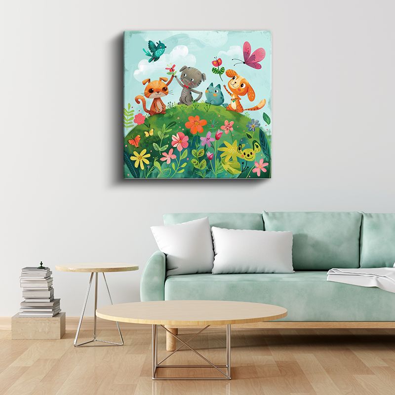 Çiçek Bahçesi - Sevimli Hayvan Dostları Kanvas Tablo