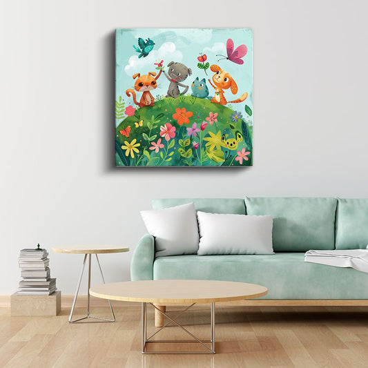 Çiçek Bahçesi - Sevimli Hayvan Dostları Kanvas Tablo