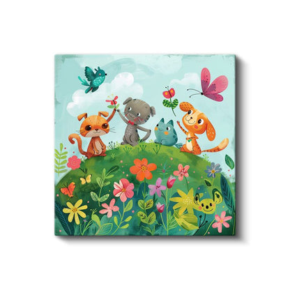 Çiçek Bahçesi - Sevimli Hayvan Dostları Kanvas Tablo