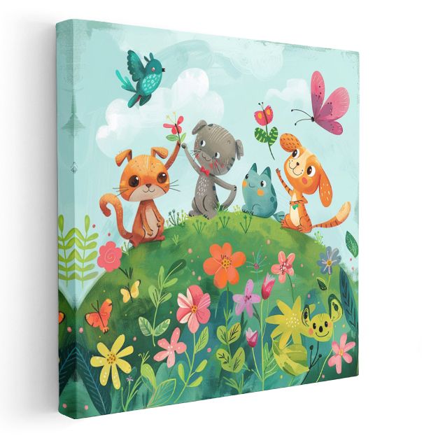 Çiçek Bahçesi - Sevimli Hayvan Dostları Kanvas Tablo