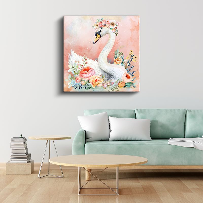 Çiçekli Kuğu - Pembe Bahçenin Zarif Misafiri Kanvas Tablo