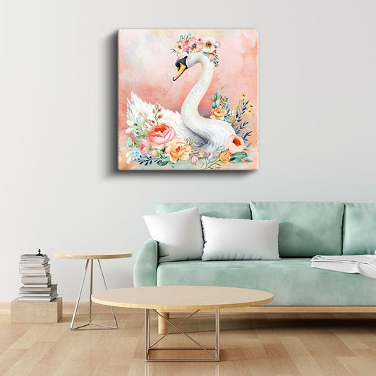 Çiçekli Kuğu - Pembe Bahçenin Zarif Misafiri Kanvas Tablo