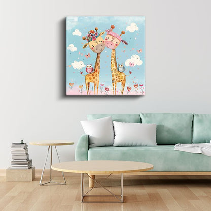 Aşık Zürafalar - Çiçekli Taçlı Dostlar Kanvas Tablo