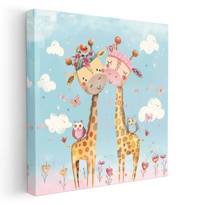 Aşık Zürafalar - Çiçekli Taçlı Dostlar Kanvas Tablo