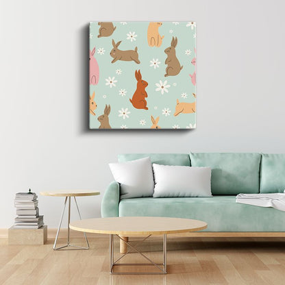 Çiçekli Tavşanlar - Bahar Bahçesi Dostları Kanvas Tablo