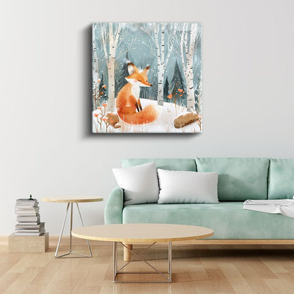 Orman Tilkisi - Beyaz Ağaçlar Arasında Kanvas Tablo