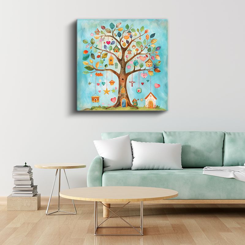 Sihirli Ağaç - Renkli Yapraklar ve Küçük Evler Kanvas Tablo