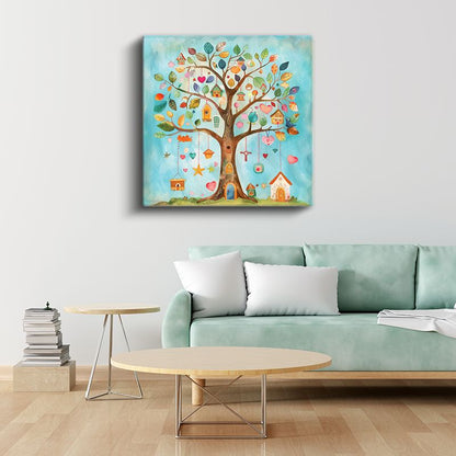 Sihirli Ağaç - Renkli Yapraklar ve Küçük Evler Kanvas Tablo